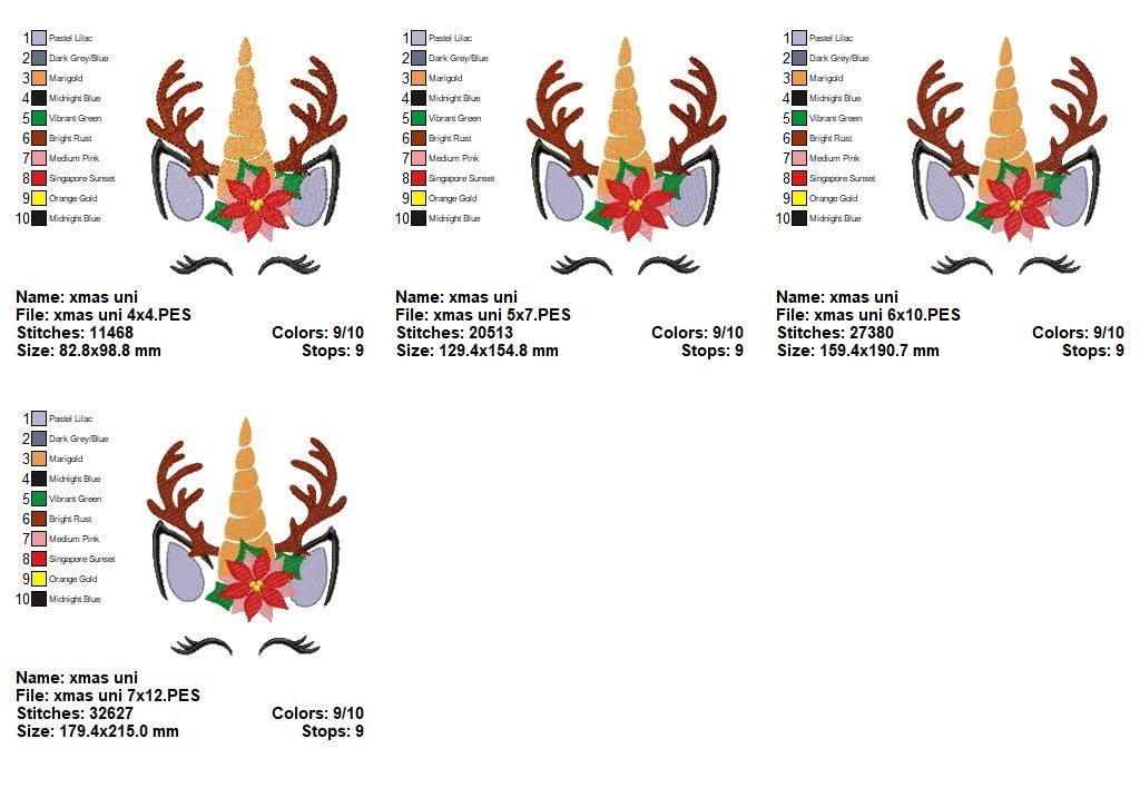 Christmas Unicorn Face – Fill Stitch – Machine Embroidery Design