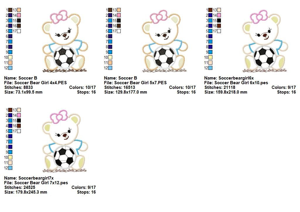 Soccer Sweetheart Bears - Appliqué - Machine Embroidery Design