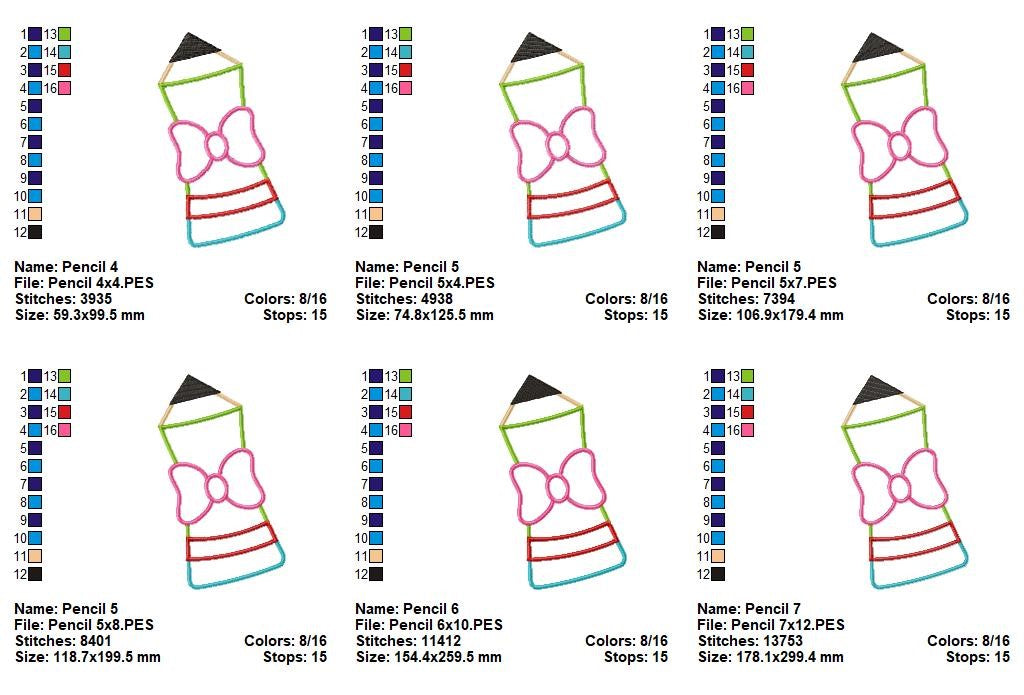 Cute School Pencil with Bow – Appliqué – Machine Embroidery Design