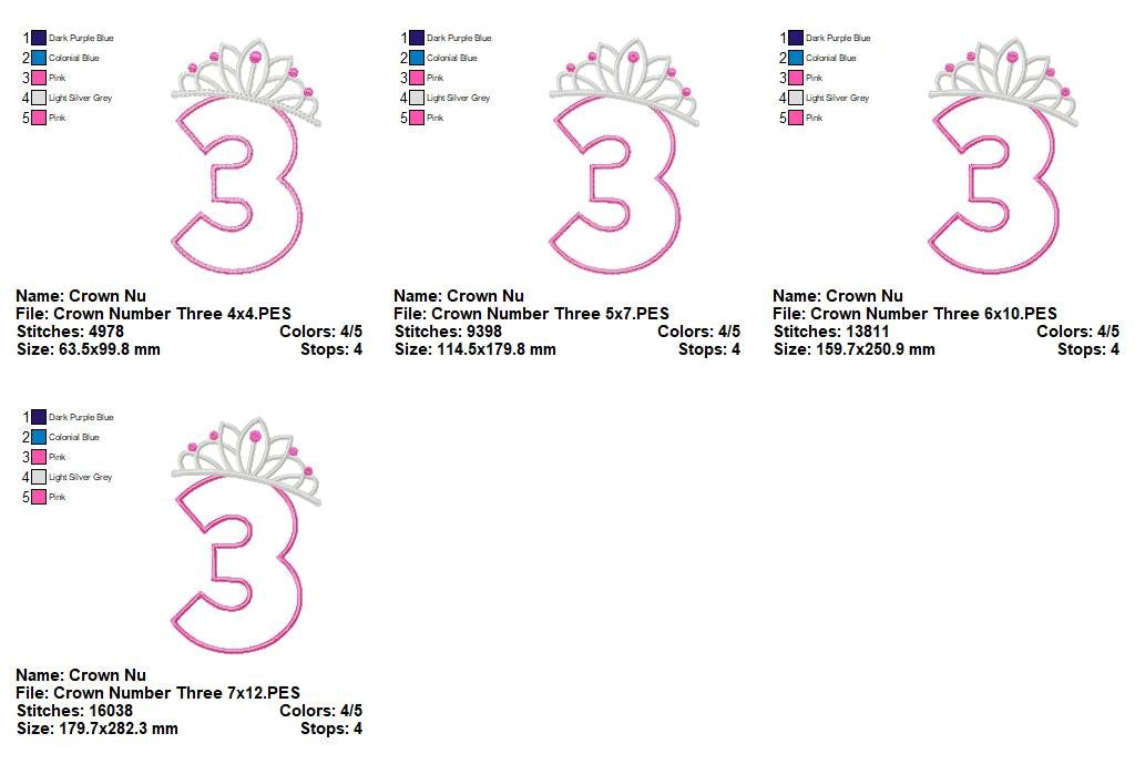 Princess Crown Number Three - Applique Stitch - Machine Embroidery Design