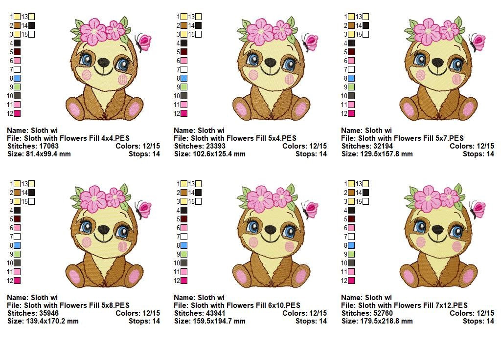 Sweet Floral Sloth - Fill Stitch - Machine Embroidery Design