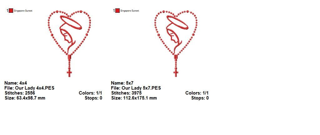 Our Lady Rosary Heart – Satin Stitch – Machine Embroidery Design