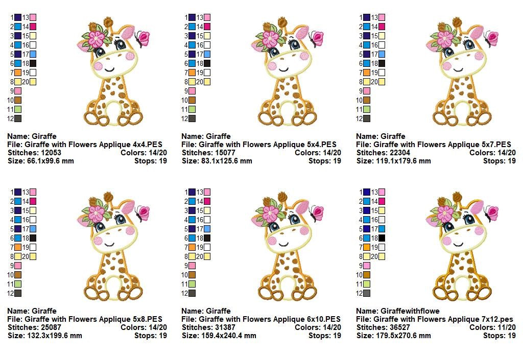 Sweet Baby Giraffe with Flowers - Appliqué – Machine Embroidery Design