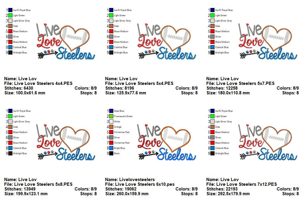 Live Love Steelers Steelers Football Heart – Appliqué – Machine Embroidery Design
