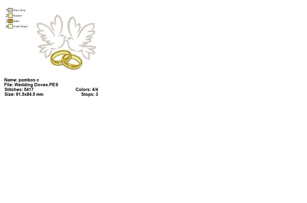 Wedding Doves with Rings - Satin Stitch - Machine Embroidery Design