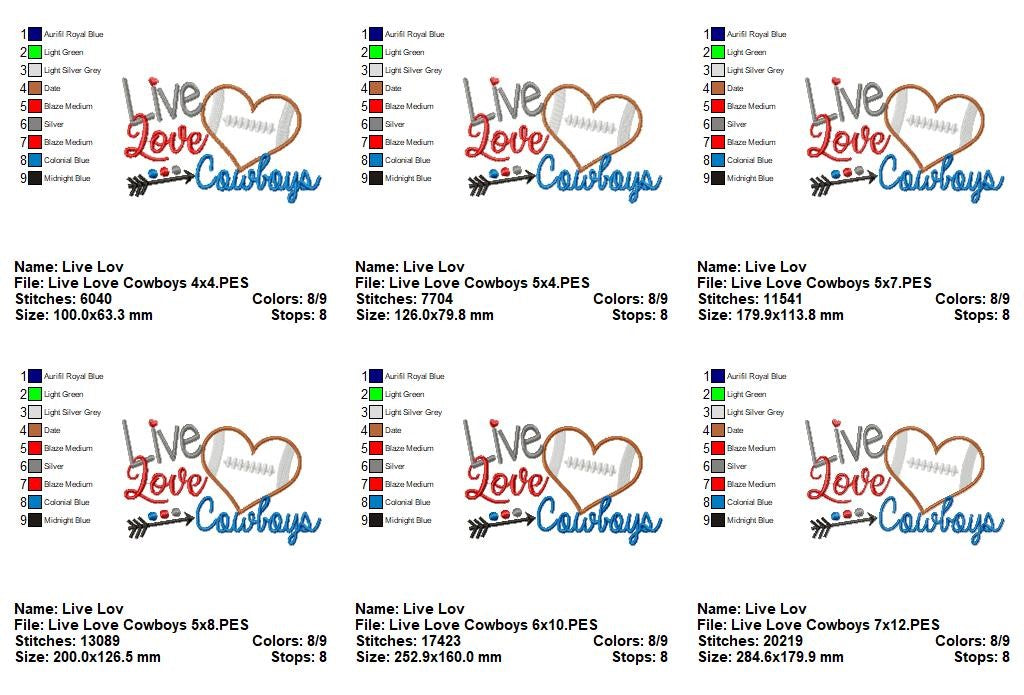 Live Love Cowboys Appliqué – Football Heart – Machine Embroidery Design
