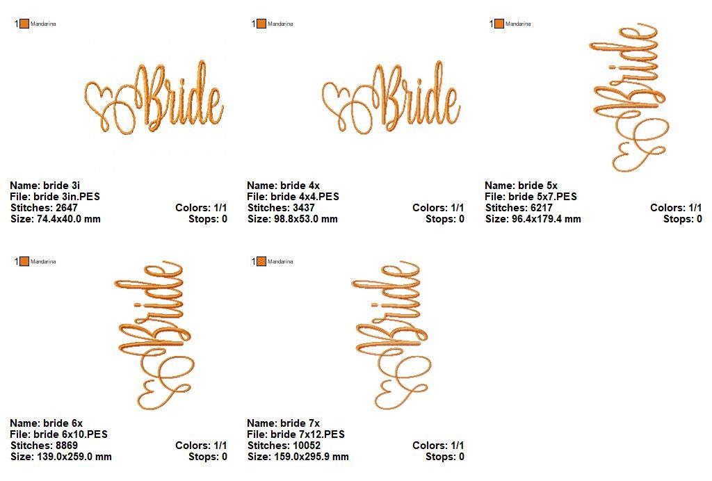 Bride Script Lettering – Satin Stitch – Machine Embroidery Design