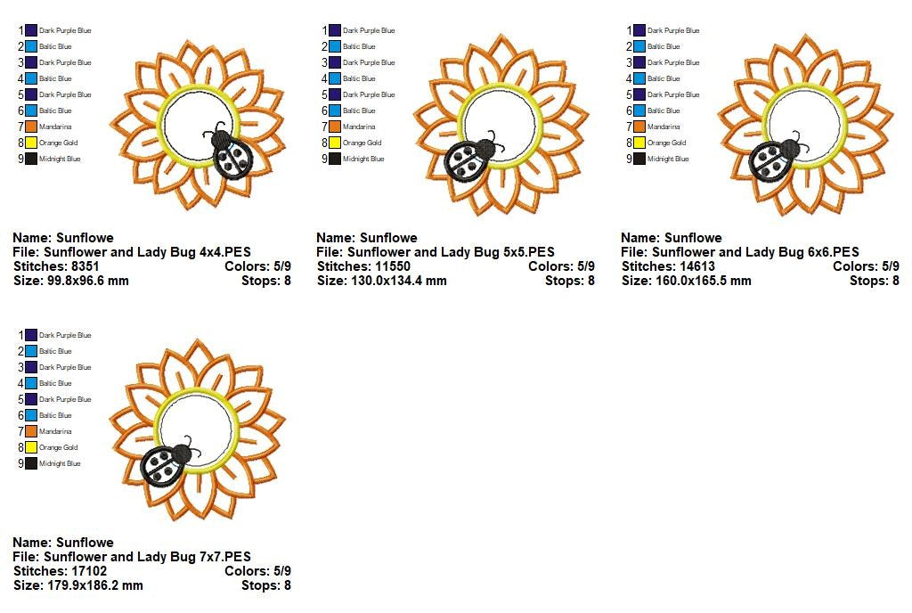 Sunflower with Ladybug – Appliqué – Machine Embroidery Design