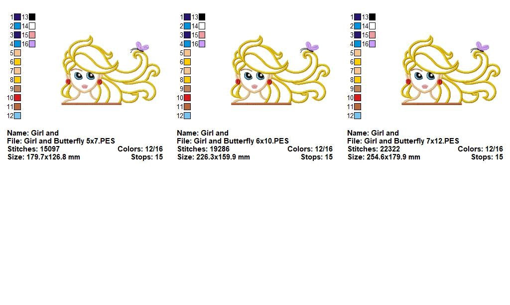 Princess Girl with Flowing Hair and Butterfly - Appliqué - Machine Embroidery Design
