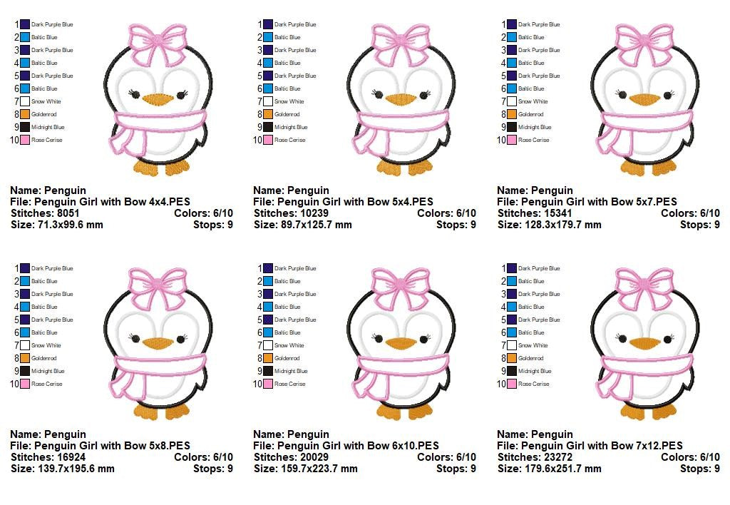 Penguin Girl with Bow – Applique – Machine Embroidery Design