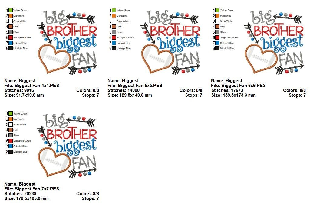 Big Brother Biggest Fan Football Heart - Appliqué - Machine Embroidery Design