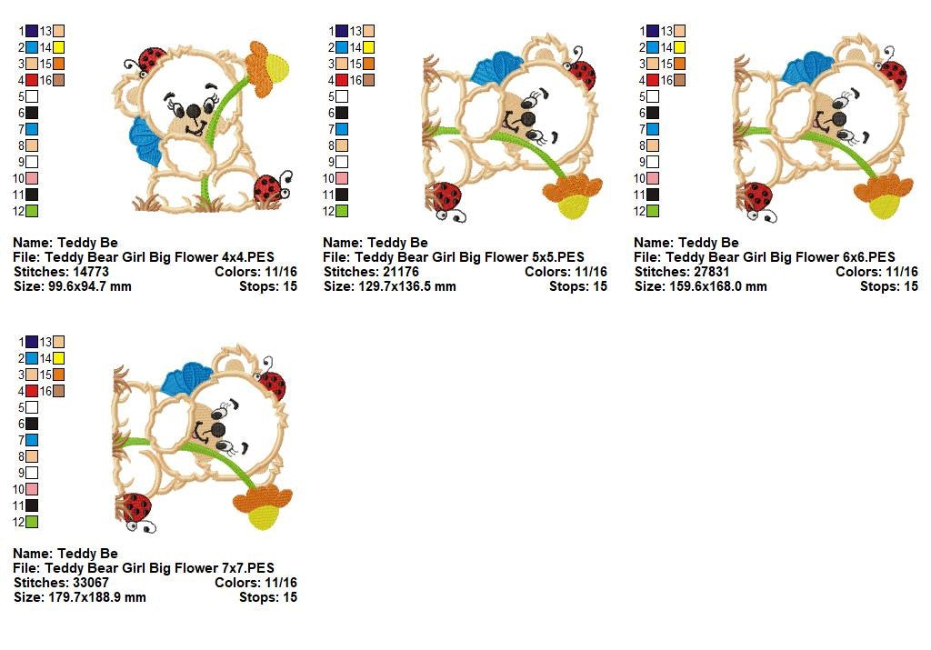 Teddy Bear Girl Big Flower – Appliqué – Machine Embroidery Design