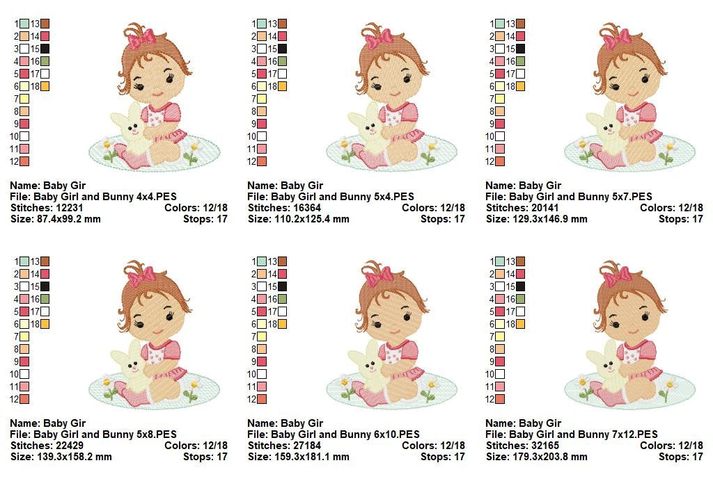 Sweet Baby Girl with Bunny - Fill Stitch - Machine Embroidery Design