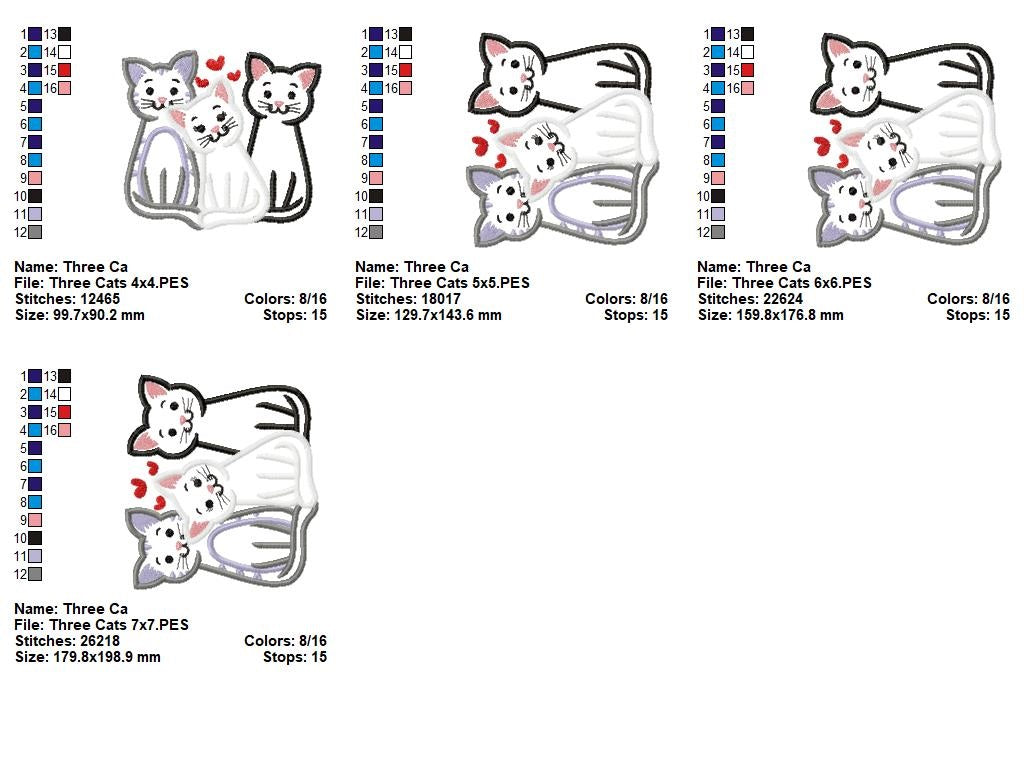 Sweet Trio Kitty Cuddle – Appliqué – Machine Embroidery Design