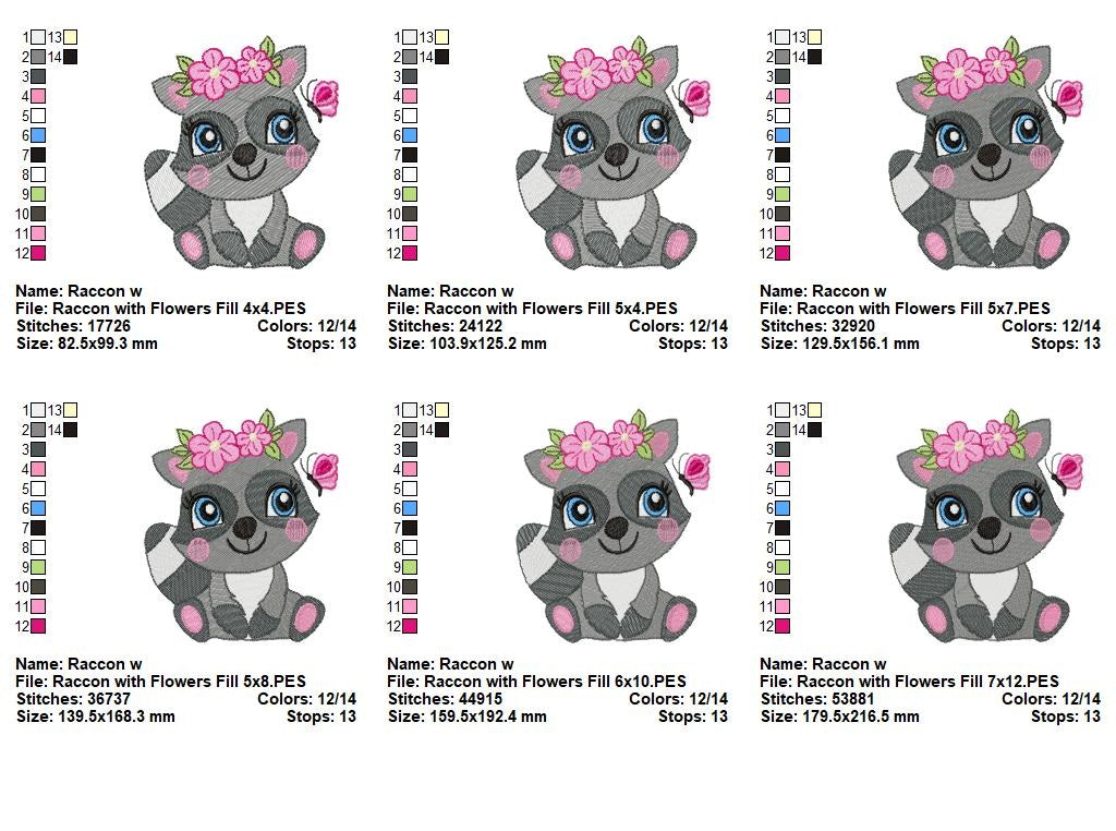 Sweet Floral Raccoon - Fill Stitch - Machine Embroidery Design