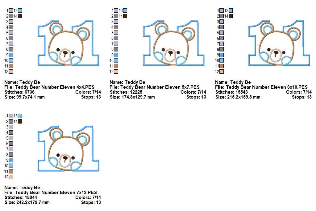 Sweet Teddy Number Eleven - Appliqué - Machine Embroidery Design