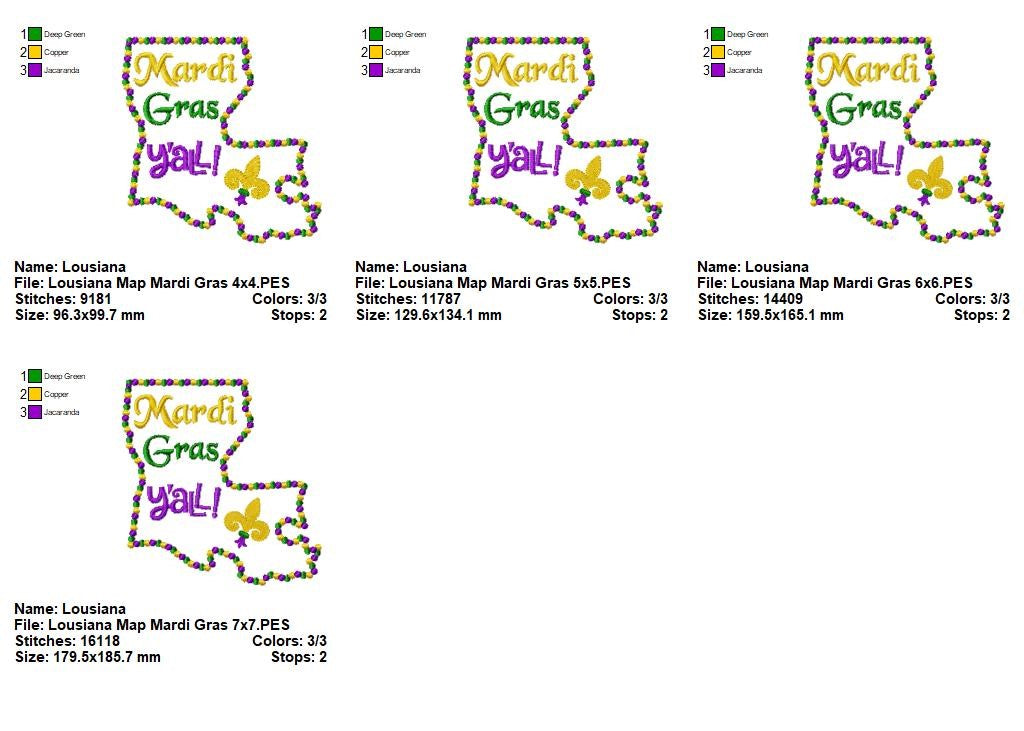 Mardi Gras Louisiana Map Y’all - Satin Stitch – Machine Embroidery Design