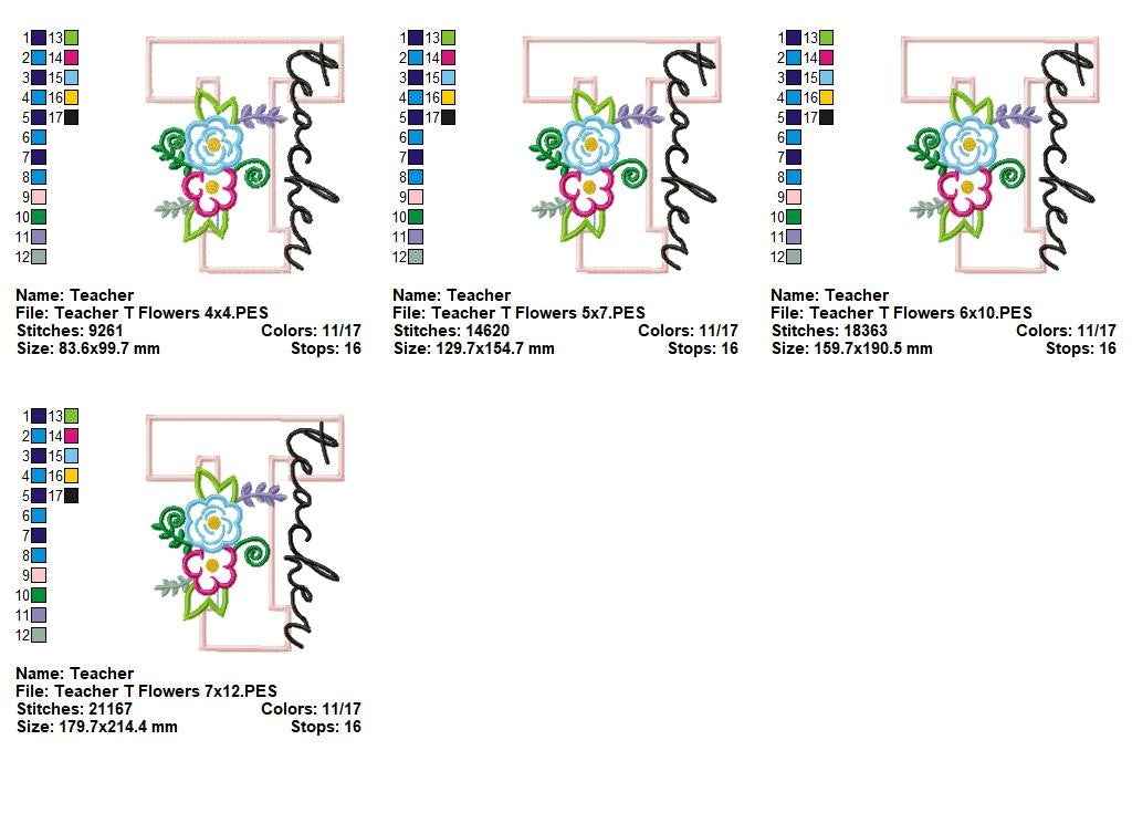 Floral Teacher Letter T – Appliqué – Machine Embroidery Design