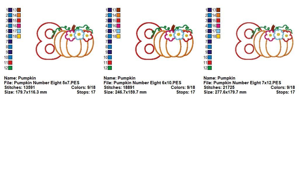 Floral Pumpkin Number Eight - Applique - Machine Embroidery Design