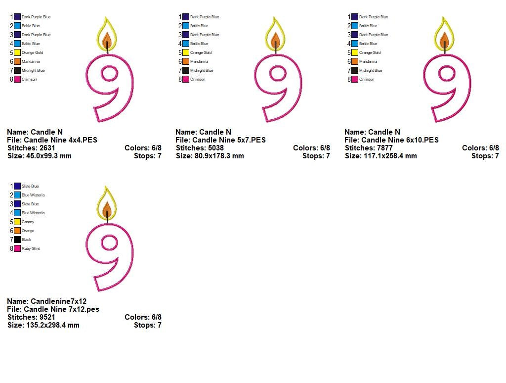 Sweet Birthday Candle Number 9 - Appliqué – Machine Embroidery Design