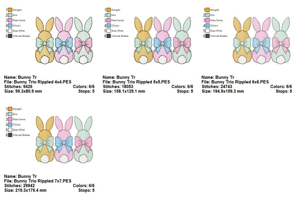 Bunny Trio Bows – Rippled Stitch – Machine Embroidery Design
