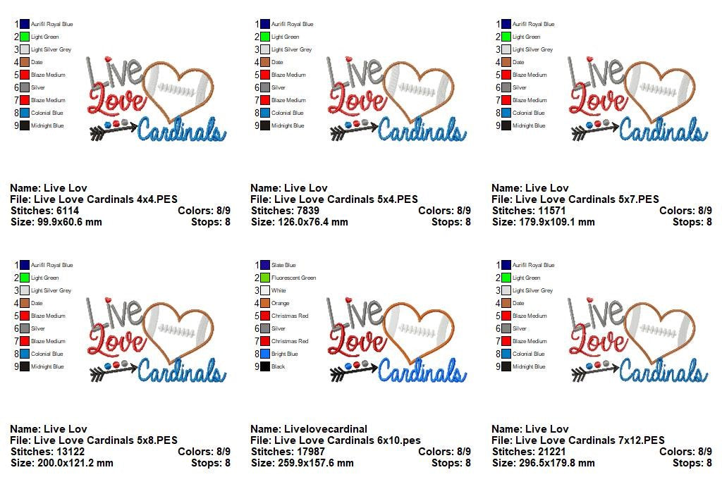 Live Love Cardinals Football Heart – Appliqué – Machine Embroidery Design