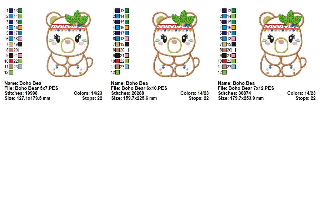 Boho Bear with Floral Headband – Appliqué – Machine Embroidery Design
