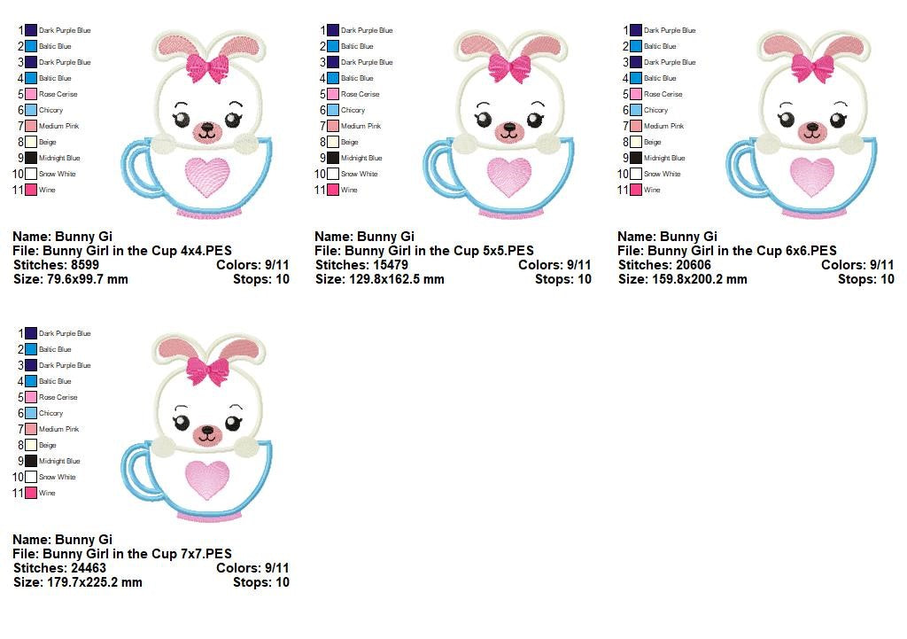 Sweet Bunny in Teacup – Appliqué – Machine Embroidery Design