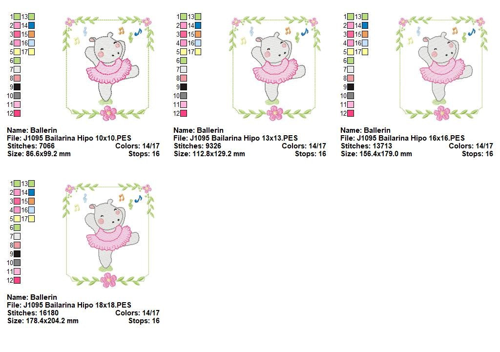Sweet Ballerina Hippo Dance – Fill Stitch - Machine Embroidery Design