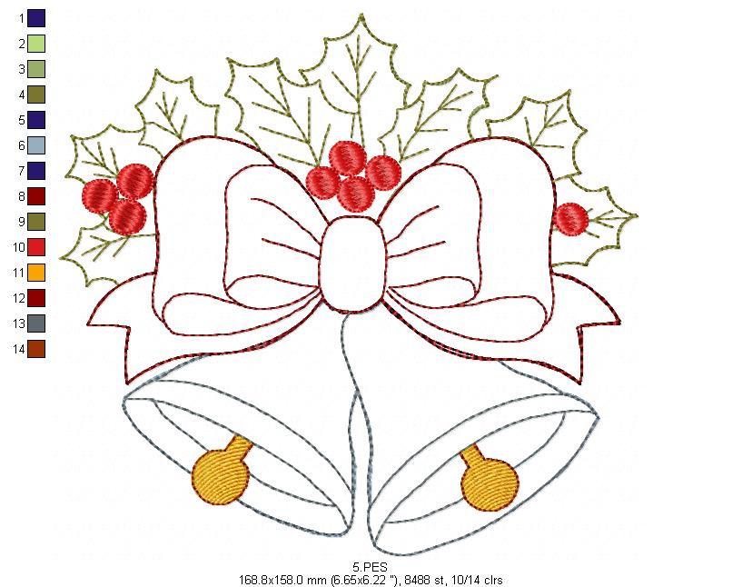Christmas Bells - Applique - 5 Sizes - Machine Embroidery Designs