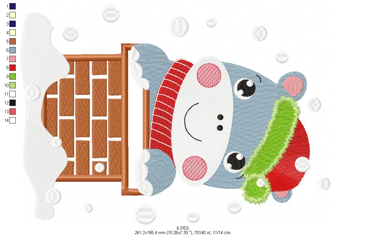 Christmas Hippo in the chimney - Applique / Fill Stitch - 6 Sizes - Machine Embroidery Designs