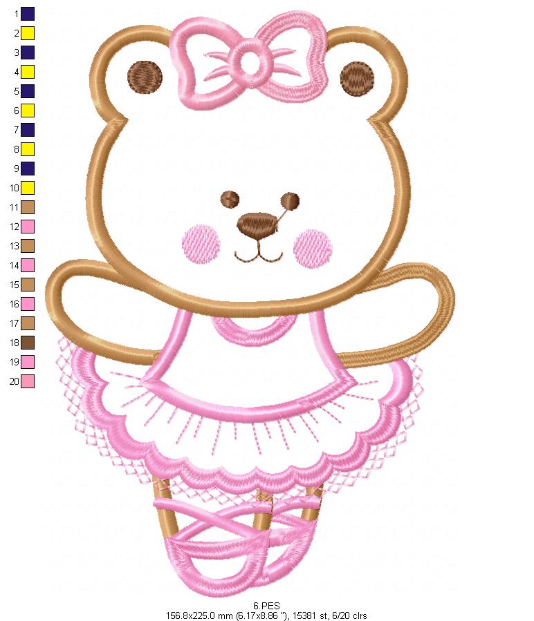 Teddy Bear Girl Ballerina -Applique - 6 Sizes - Machine Embroidery Design