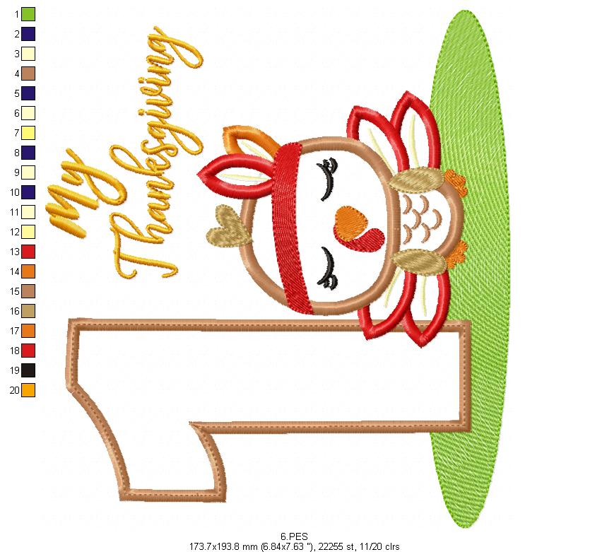 My First Thanksgiving Girl - Turkey with Bow - Machine Embroidery Design