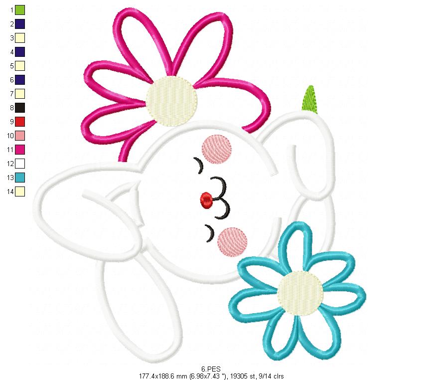 Happy bunny in the burrow with flowers - Applique