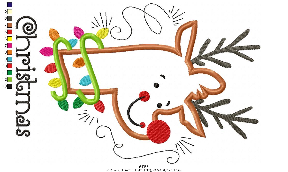 Christmas Rudolf Reindeer - Applique - 6 Sizes - Machine Embroidery Designs