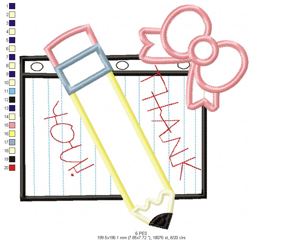 Pencil with Bow - Back to School - Applique - Machine Embroidery Design