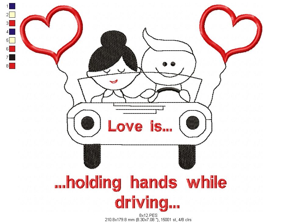 Couple in Car- Redwork - Machine Embroidery - 5 Sizes
