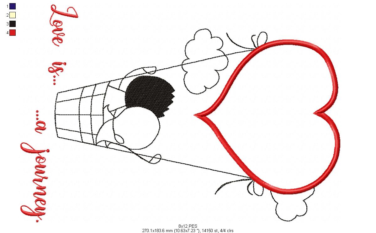 Couple on air balloon - Redwork - Machine Embroidery - 5 Sizes