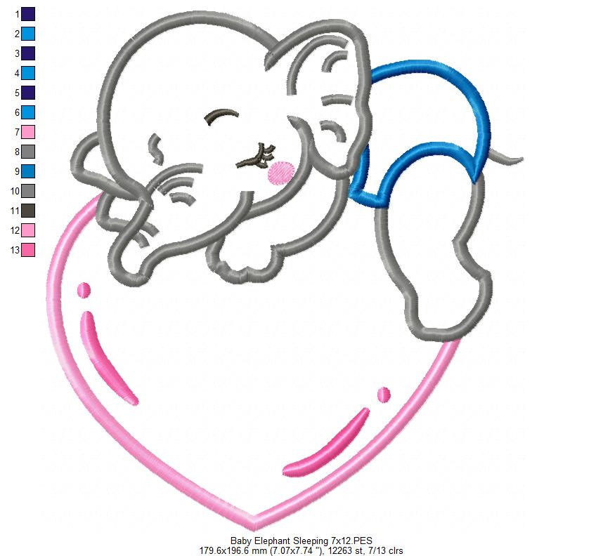 Baby Elephant Boy Sleeping - Applique - Machine Embroidery Design