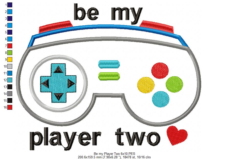 Be my Player Two - Applique - Machine Embroidery Design