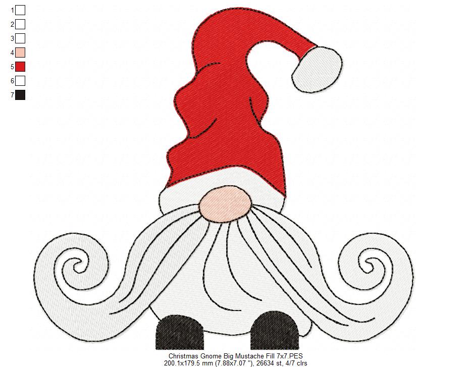 Christmas Gnome Santa Claus Big Hat, Mustache and Beard - Fill Stitch - Set of 3 designs