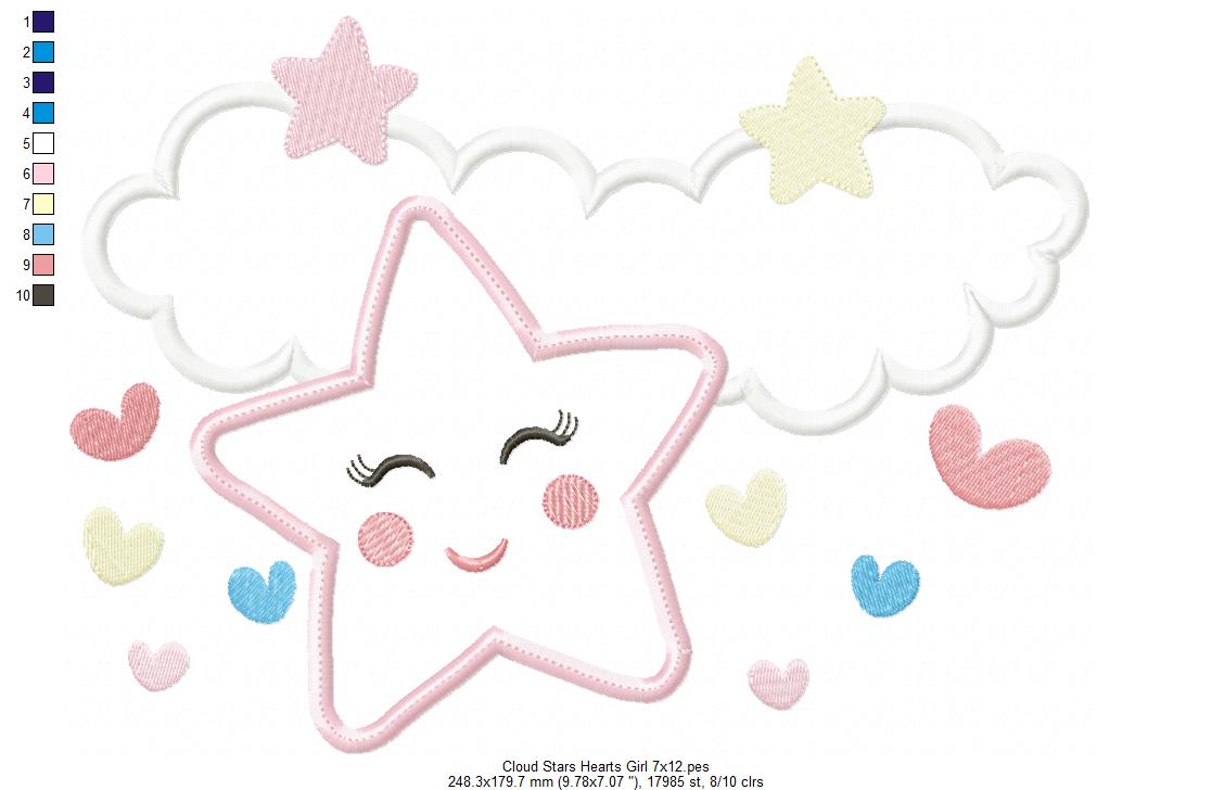 Clouds, Hearts and Stars Girl - Applique - Machine Embroidery Design