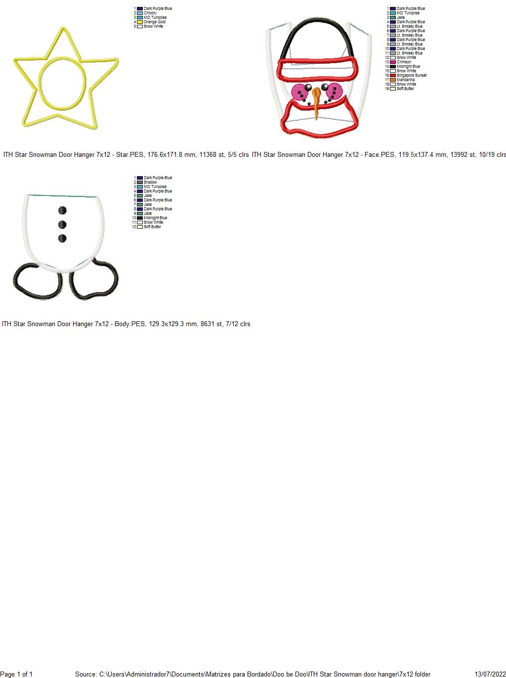 Star Snowman Door Hanger - ITH Project - Machine Embroidery Design