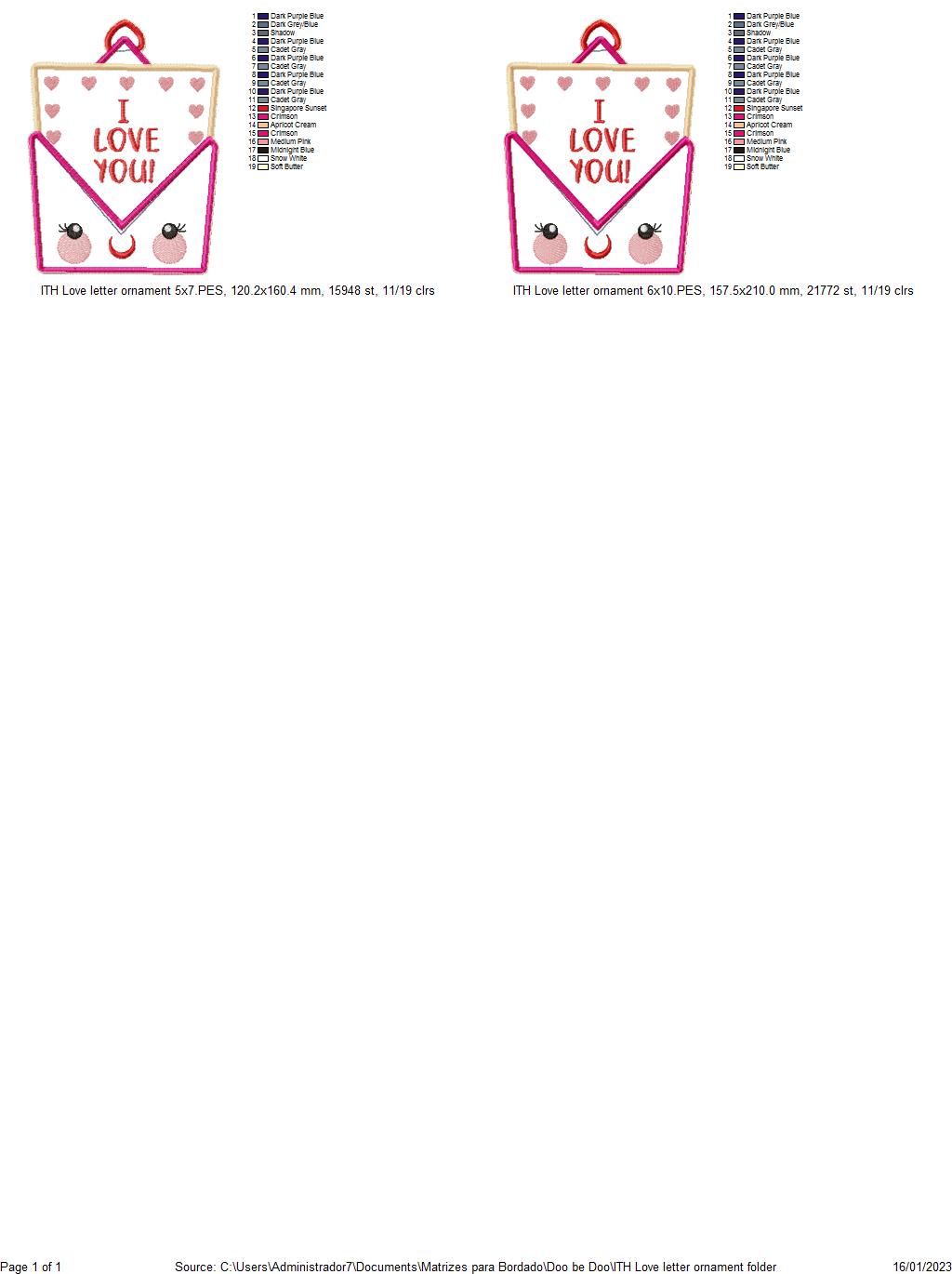 Love Letter Ornament - ITH Project - Machine Embroidery Design