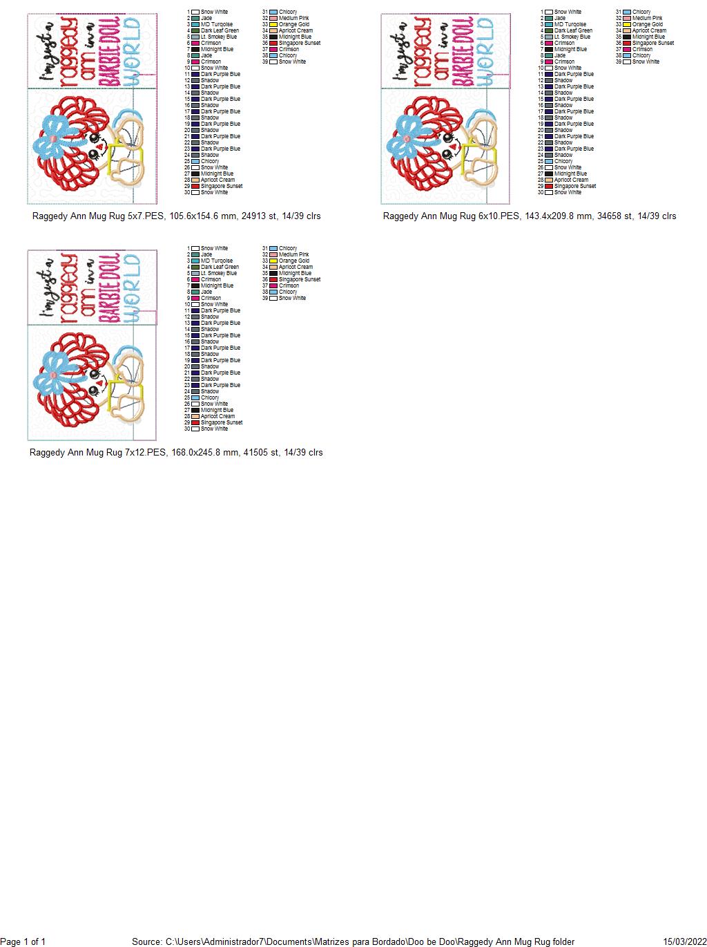 Raggedy Ann Mug Rug - ITH Project - Machine Embroidery Design