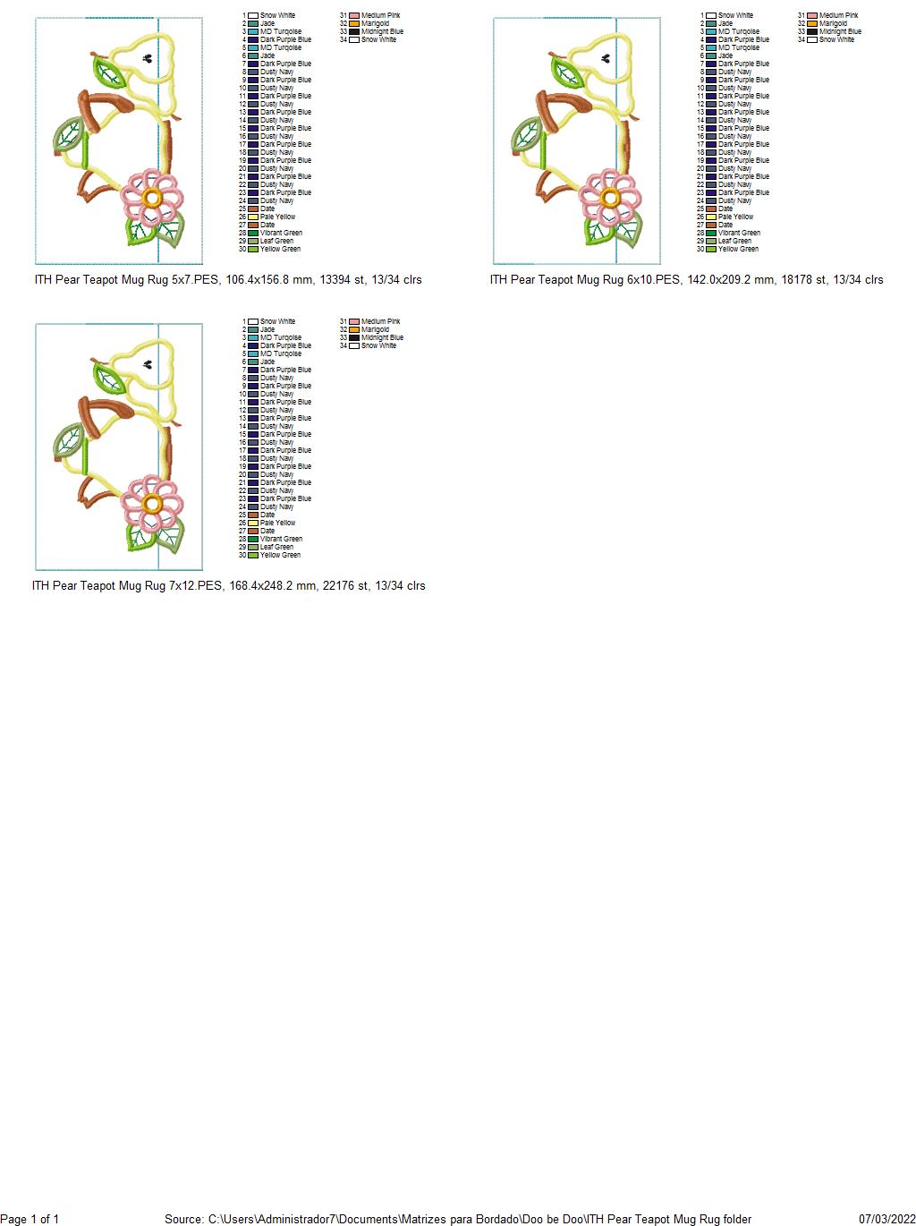 Pear Teapot Mug Rug - ITH Project - Machine Embroidery Design