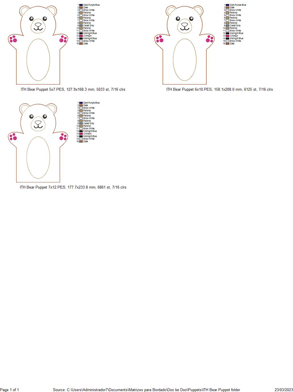 Bear Puppet - ITH Project - Machine Embroidery Design