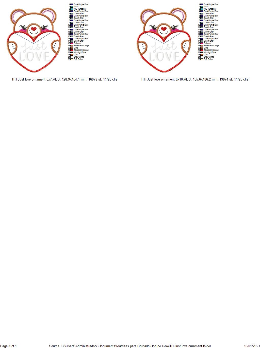 Just Love Bear Ornament - ITH Project - Machine Embroidery Design