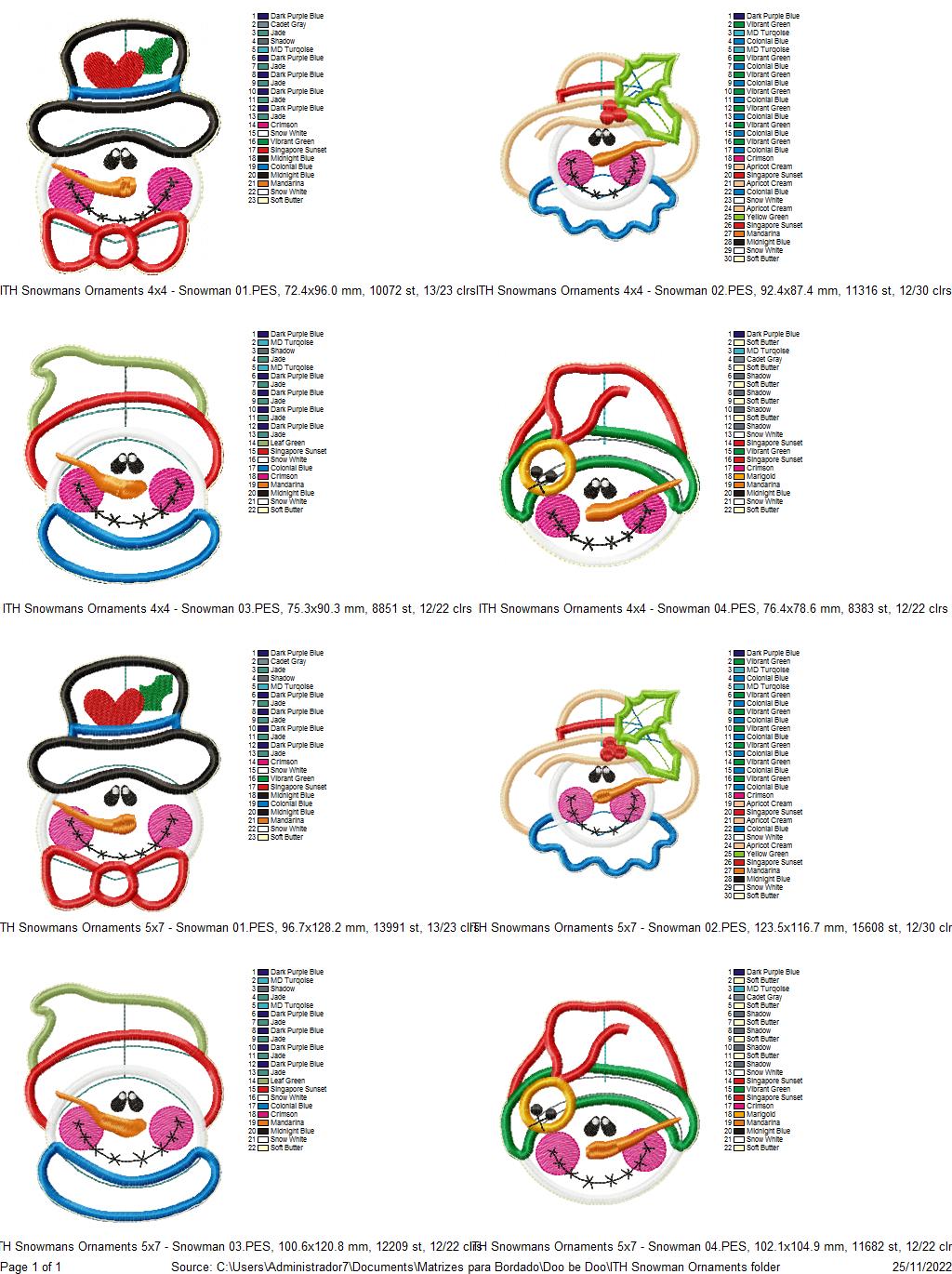 Snowmans Tree Ornaments Set of 4 Designs - ITH Project - Machine Embroidery Design