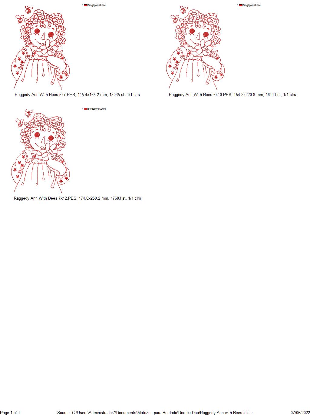 Raggedy Doll with Bees - Redwork - Machine Embroidery Design